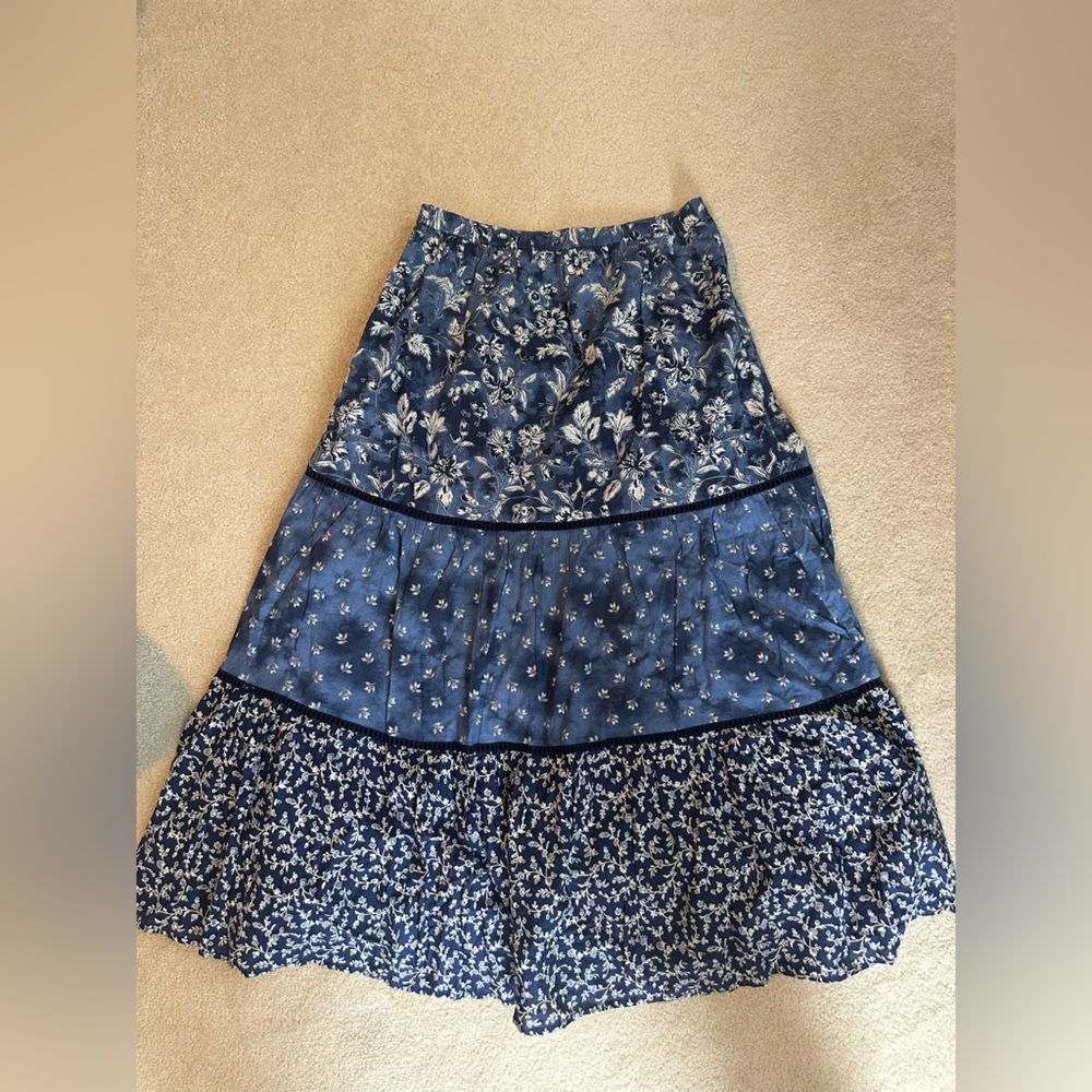 Tiered Blue Midi Floral Skirt